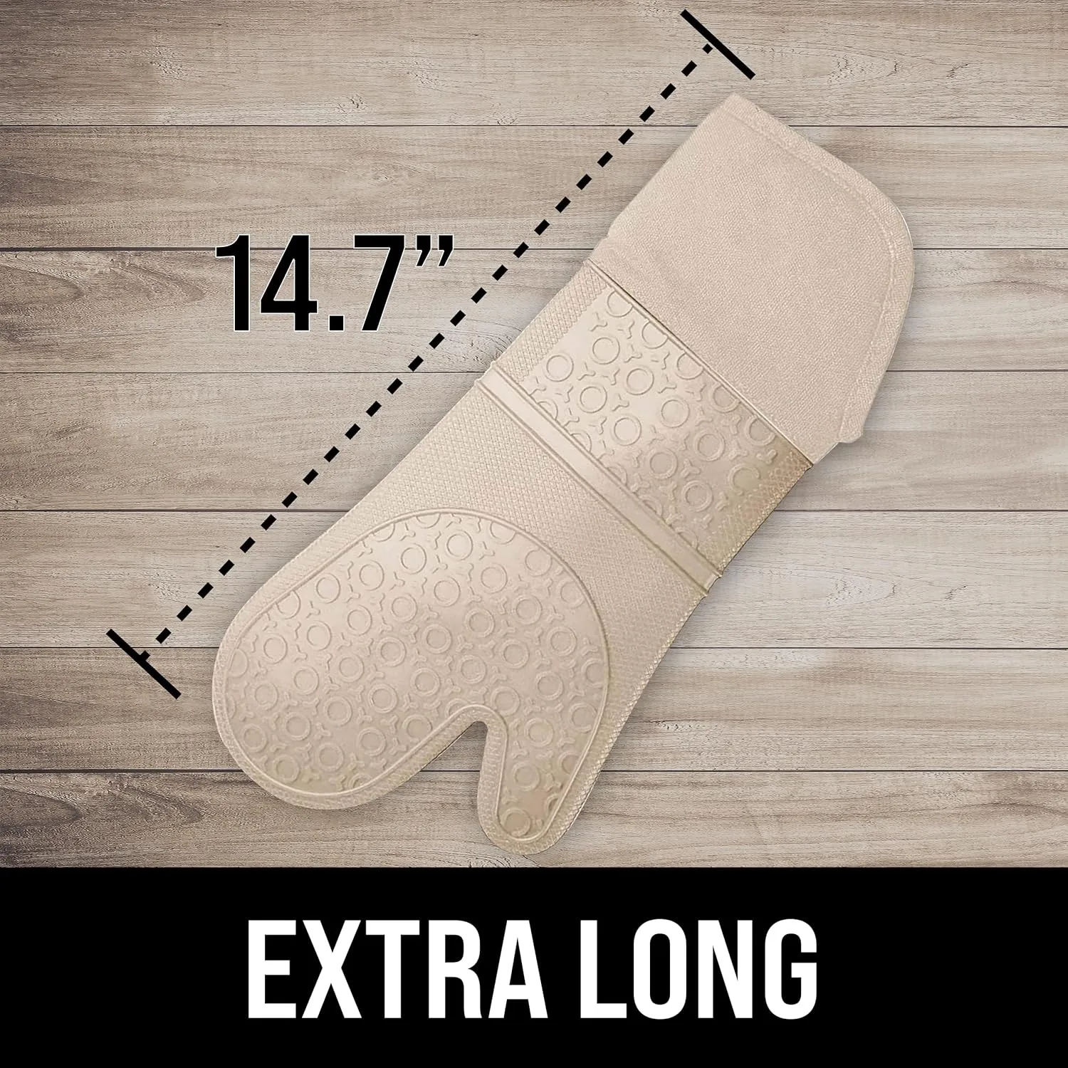 Extra Long Professional Silicone Oven Mitt, Oven Mitts with Quilted Liner, Heat Resistant Pot Holders, Flexible Oven Gloves, 1 Pair (Beige, 14.7 inch)