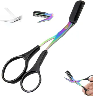 Eyebrow Trimmer Scissor, Stainless Steel 2 in 1 Eyebrow Scissors with Comb, Non-Slip Professional Eyebrow Trimmer Eyebrow Scissor Makeup Tool for Wome Men (Black)