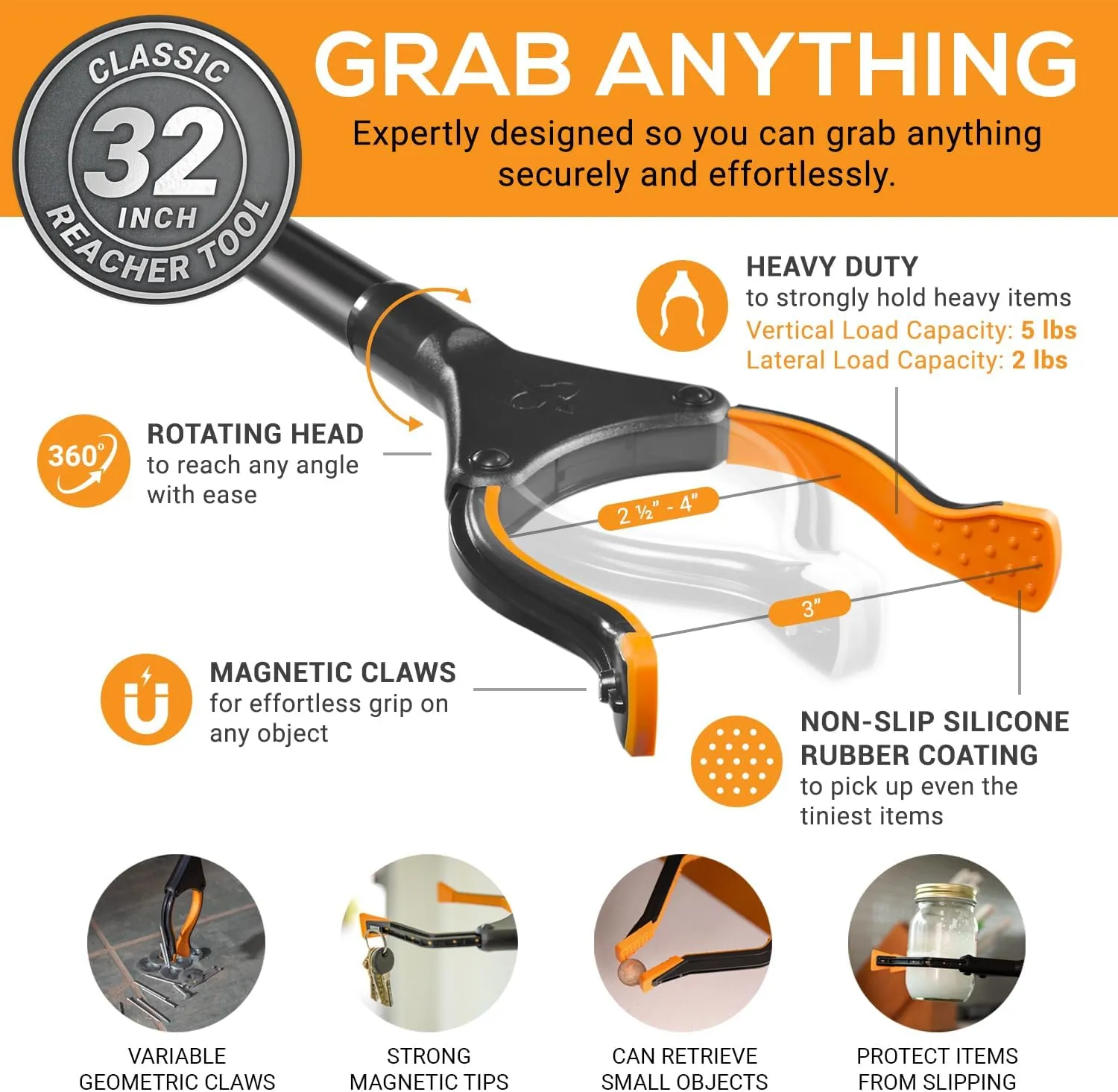 EZPIK Classic 32" Flexible Folding Grabber Tool for Elderly   Magnets, Reacher for Disabled & Seniors Heavy Duty Rotating Grippers for Reaching Underneath, Trash Grabbers & Pickers for Mobility