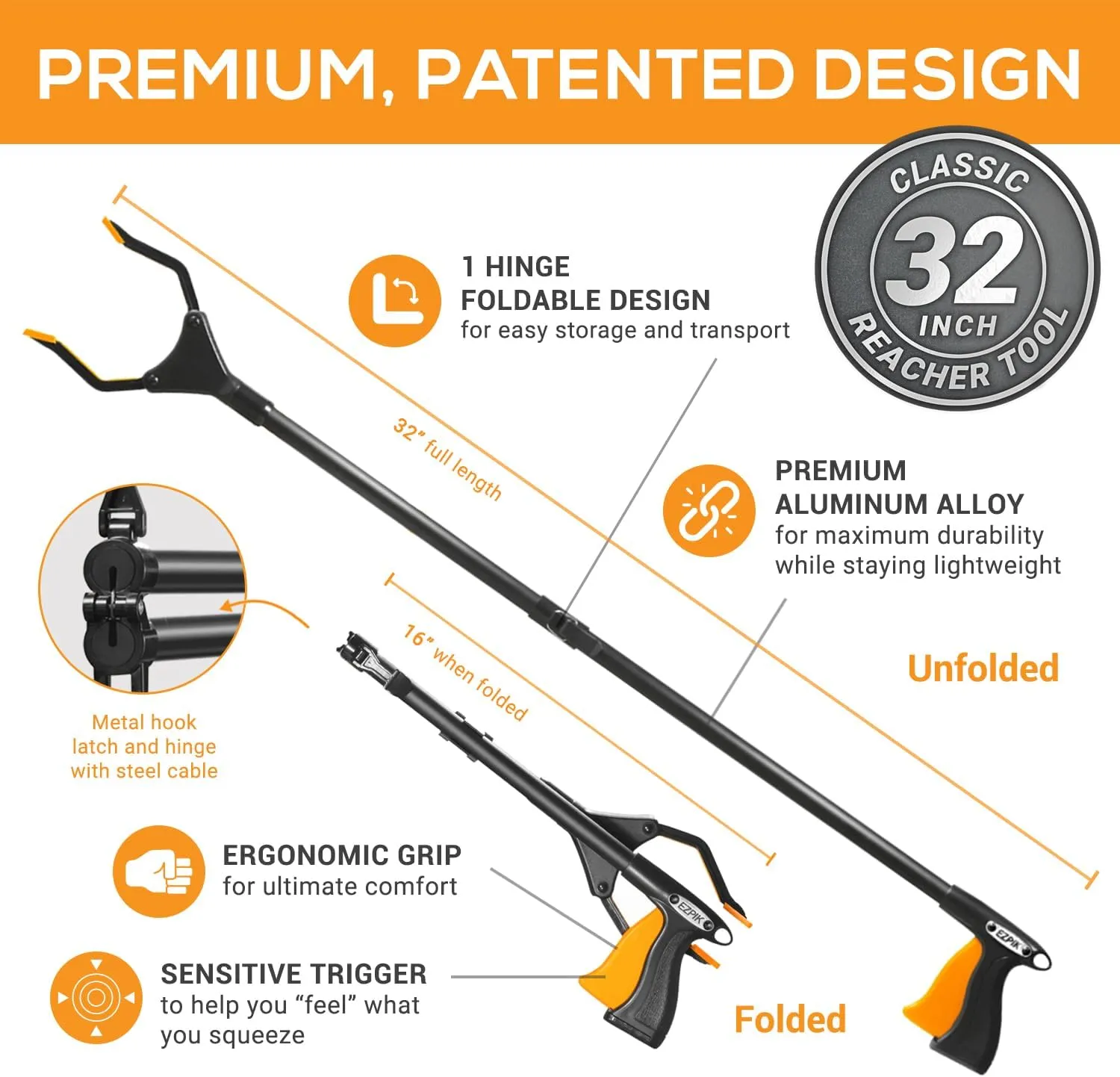EZPIK Classic 32" Flexible Folding Grabber Tool for Elderly   Magnets, Reacher for Disabled & Seniors Heavy Duty Rotating Grippers for Reaching Underneath, Trash Grabbers & Pickers for Mobility