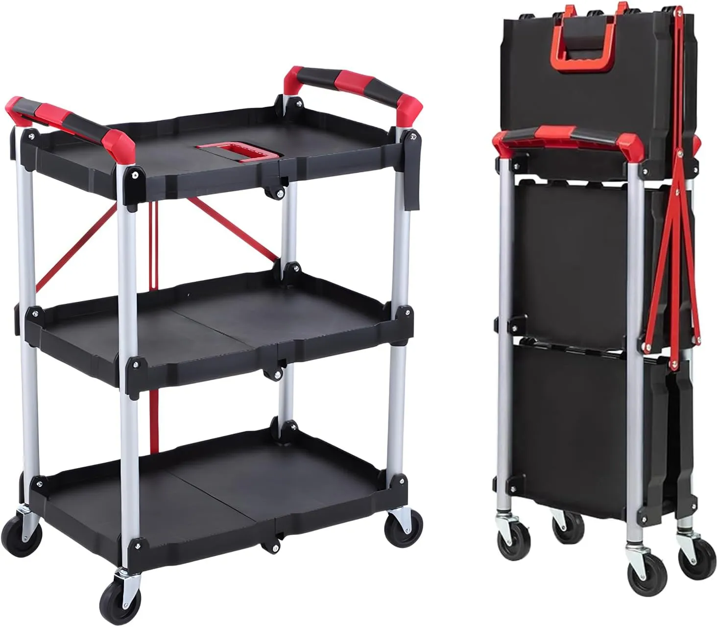 FAHKNS Folding Utility Cart with Wheels,165LBS Capacity 3 Tier Rolling Carts,Collapsible Service Mechanic Tool Cart for Home Office Warehouse