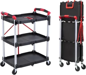 FAHKNS Folding Utility Cart with Wheels,165LBS Capacity 3 Tier Rolling Carts,Collapsible Service Mechanic Tool Cart for Home Office Warehouse