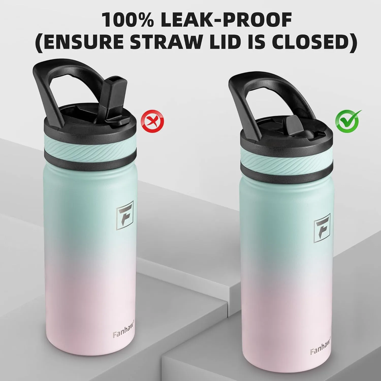Fanhaw 18 Oz Kids Insulated Water Bottle with Straw Lid – Stainless Steel Double Wall Vacuum, Leak-Proof, BPA-Free Water Bottles for School Boys & Girls(Green Pink)