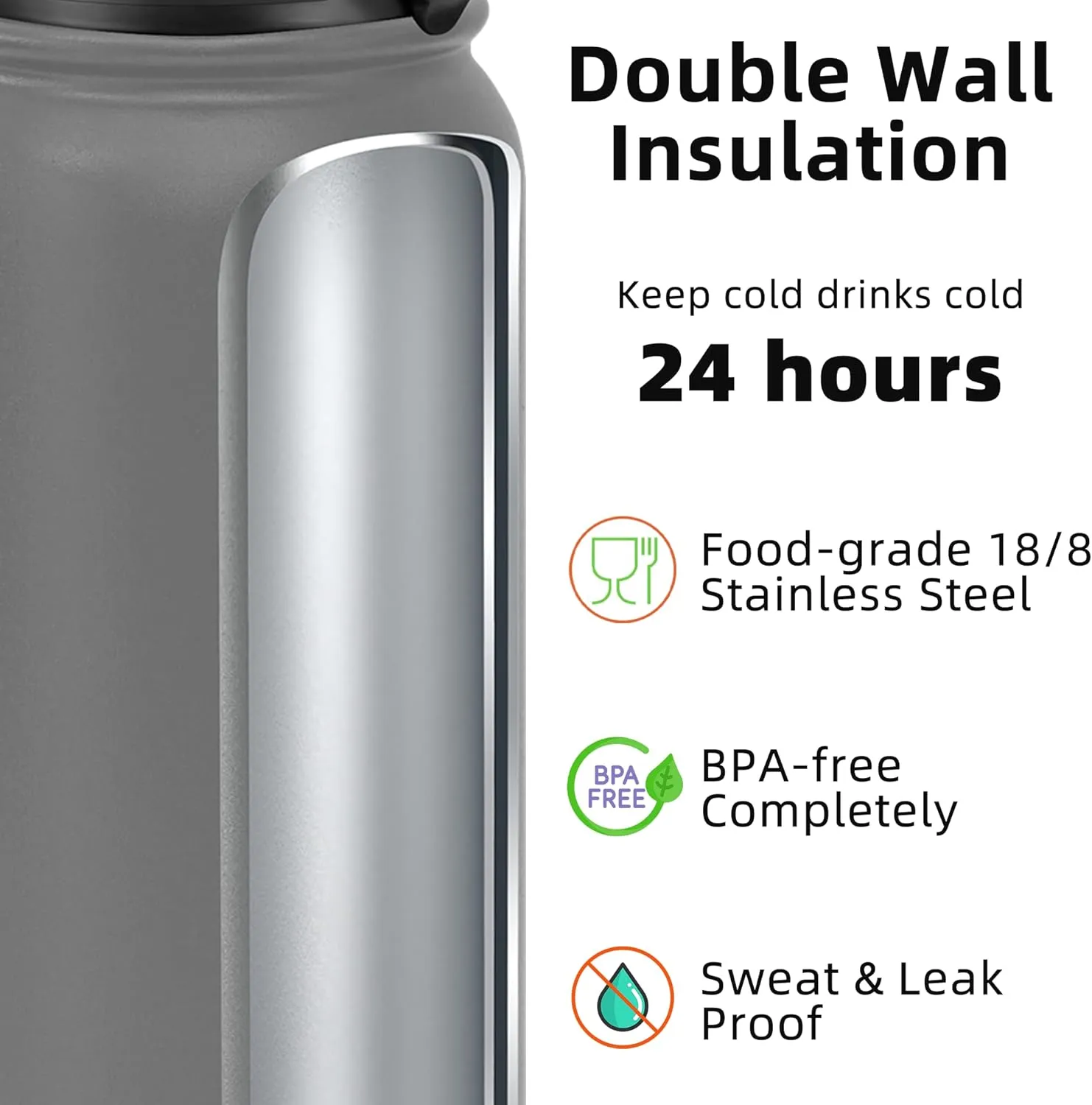 Fanhaw 20 Oz Insulated Stainless Steel Water Bottle with 1 Lid (Chug Lid) - For Kids, Women, Men | Leak & Sweat Proof with Anti-Dust Lid (Gray)