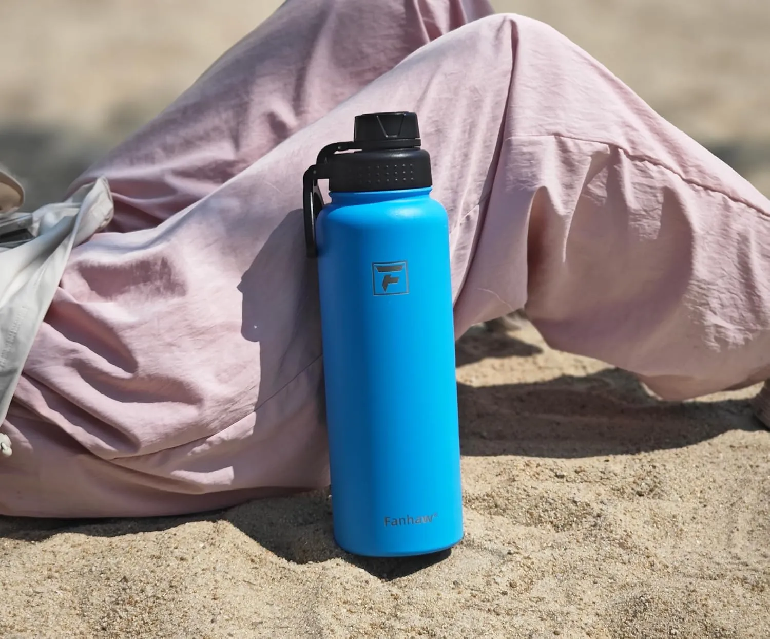 Fanhaw 32 oz Stainless Steel Insulated Water Bottle with 3 Lids (Straw, Spout and Carabiner Lid) - Wide Mouth Travel Thermal Mug (Sky Blue)