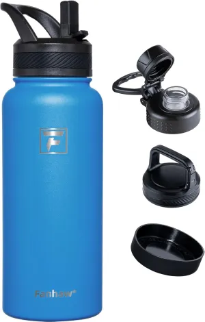Fanhaw 32 oz Stainless Steel Insulated Water Bottle with 3 Lids (Straw, Spout and Carabiner Lid) - Wide Mouth Travel Thermal Mug (Sky Blue)