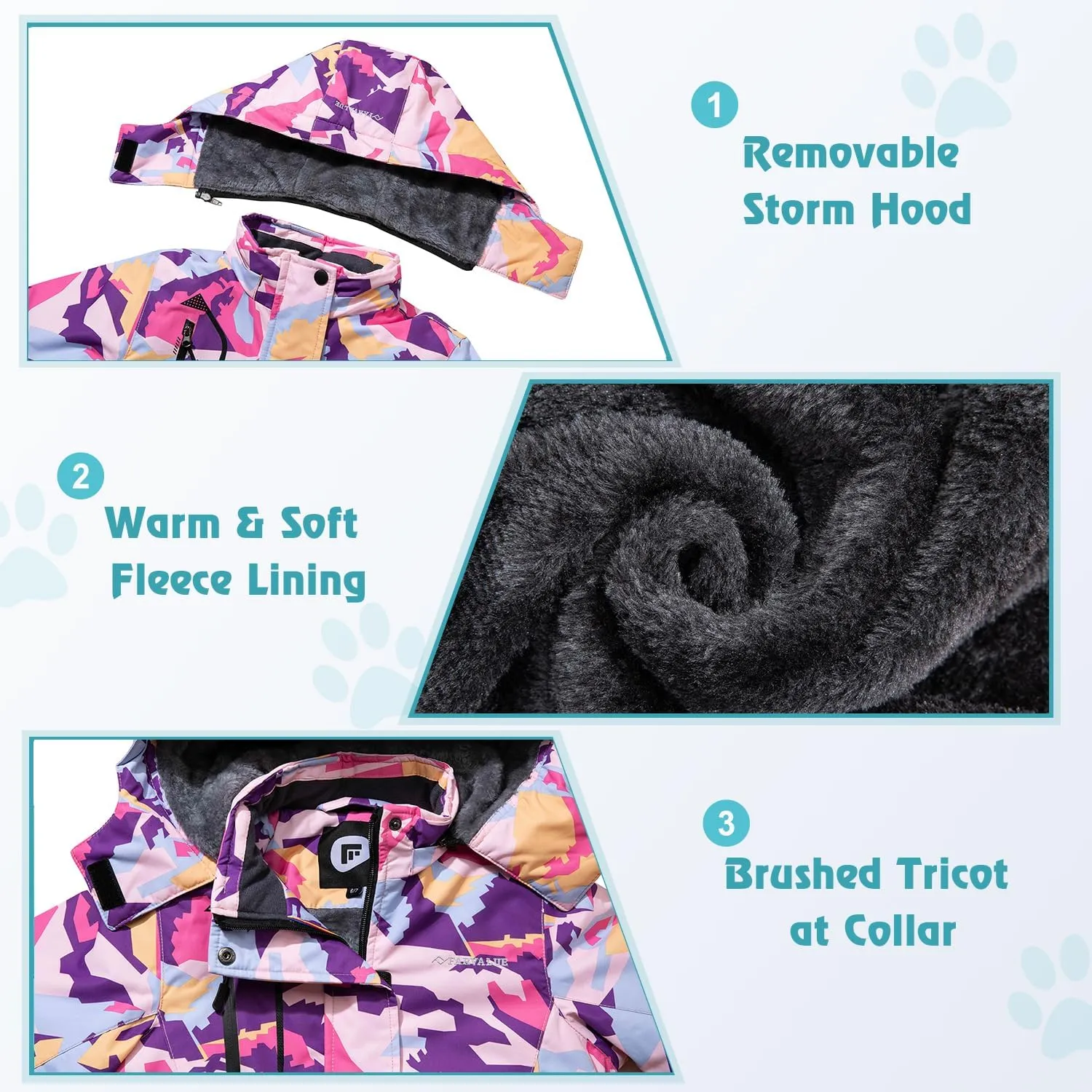 FARVALUE Girls Waterproof Ski Jacket Windproof Winter Coat Warm Fleece Snow Coat Outdoor Raincoats Hooded