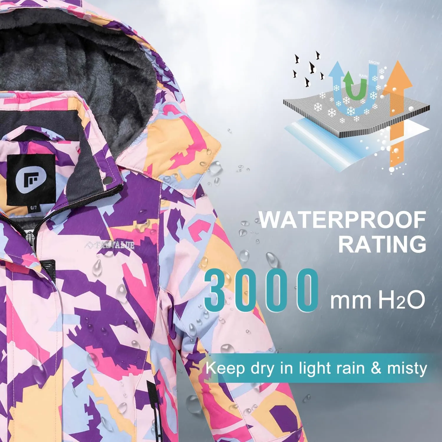 FARVALUE Girls Waterproof Ski Jacket Windproof Winter Coat Warm Fleece Snow Coat Outdoor Raincoats Hooded