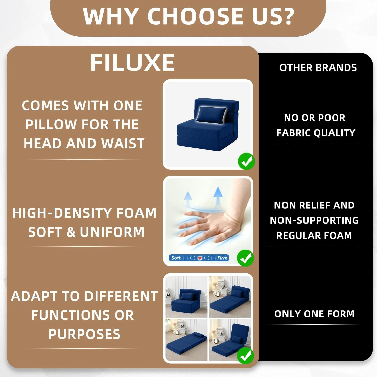 FILUXE Convertible Folding Sofa Bed - Sleeper Chair with Pillow, Modern Linen Fabric Floor & Futon Couch, Foldable Mattress for Living Room/Dorm/Guest Use/Home Office/Apartment, Single Size, Navy Blue