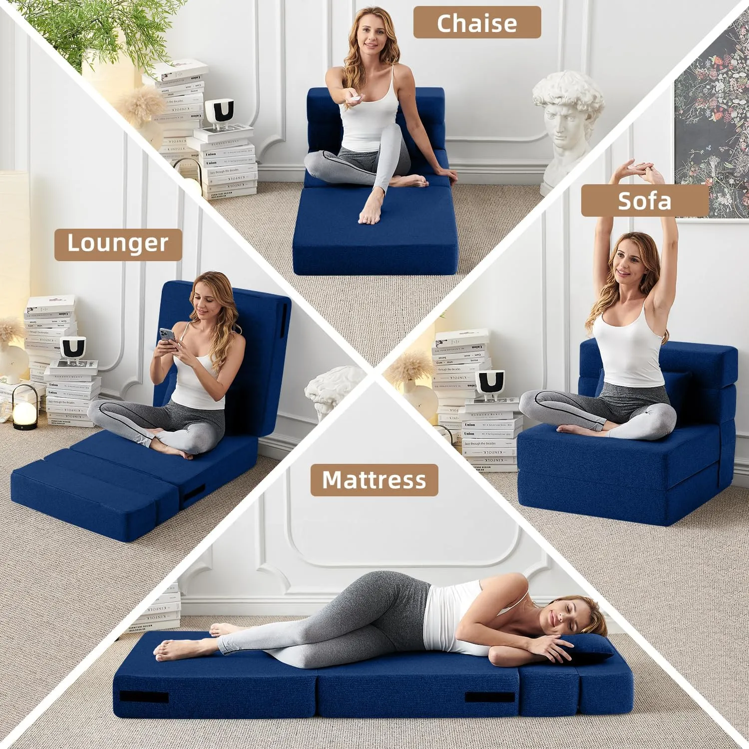 FILUXE Convertible Folding Sofa Bed - Sleeper Chair with Pillow, Modern Linen Fabric Floor & Futon Couch, Foldable Mattress for Living Room/Dorm/Guest Use/Home Office/Apartment, Single Size, Navy Blue