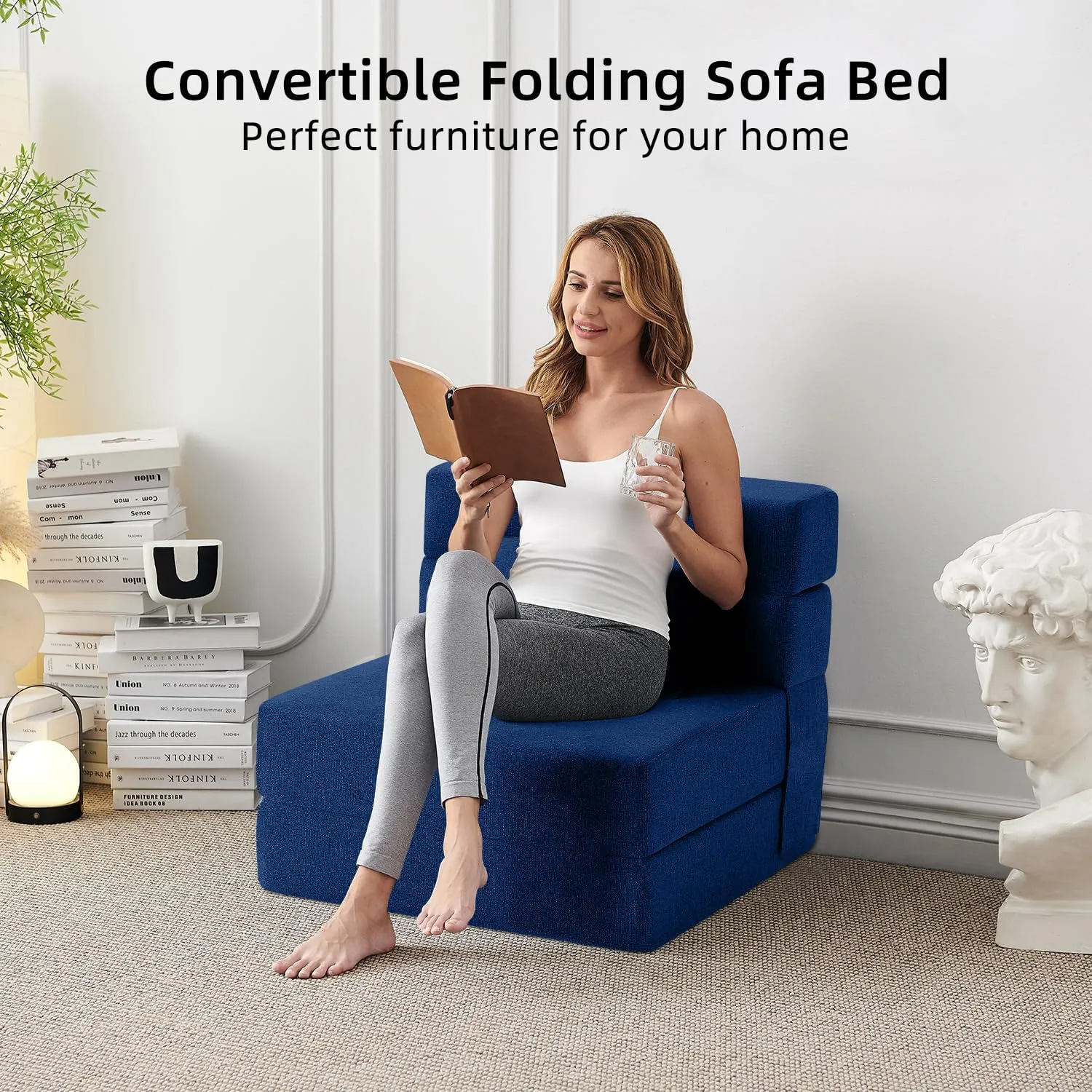 FILUXE Convertible Folding Sofa Bed - Sleeper Chair with Pillow, Modern Linen Fabric Floor & Futon Couch, Foldable Mattress for Living Room/Dorm/Guest Use/Home Office/Apartment, Single Size, Navy Blue