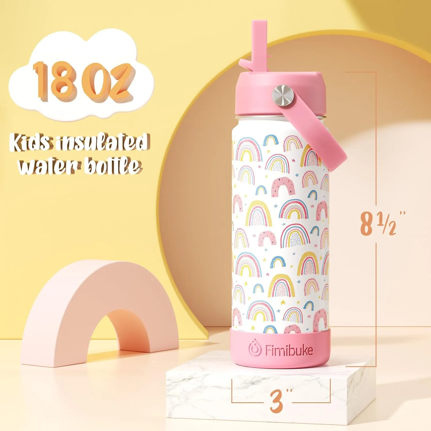 Fimibuke Kids Insulated Water Bottle, 18oz BPA FREE 18/8 Stainless Steel Kids Cup with Straw Travel Tumbler Double Wall Vacuum Leak Proof Toddler Water Bottle for School Boys Girls(1 Pack, Unicorn)