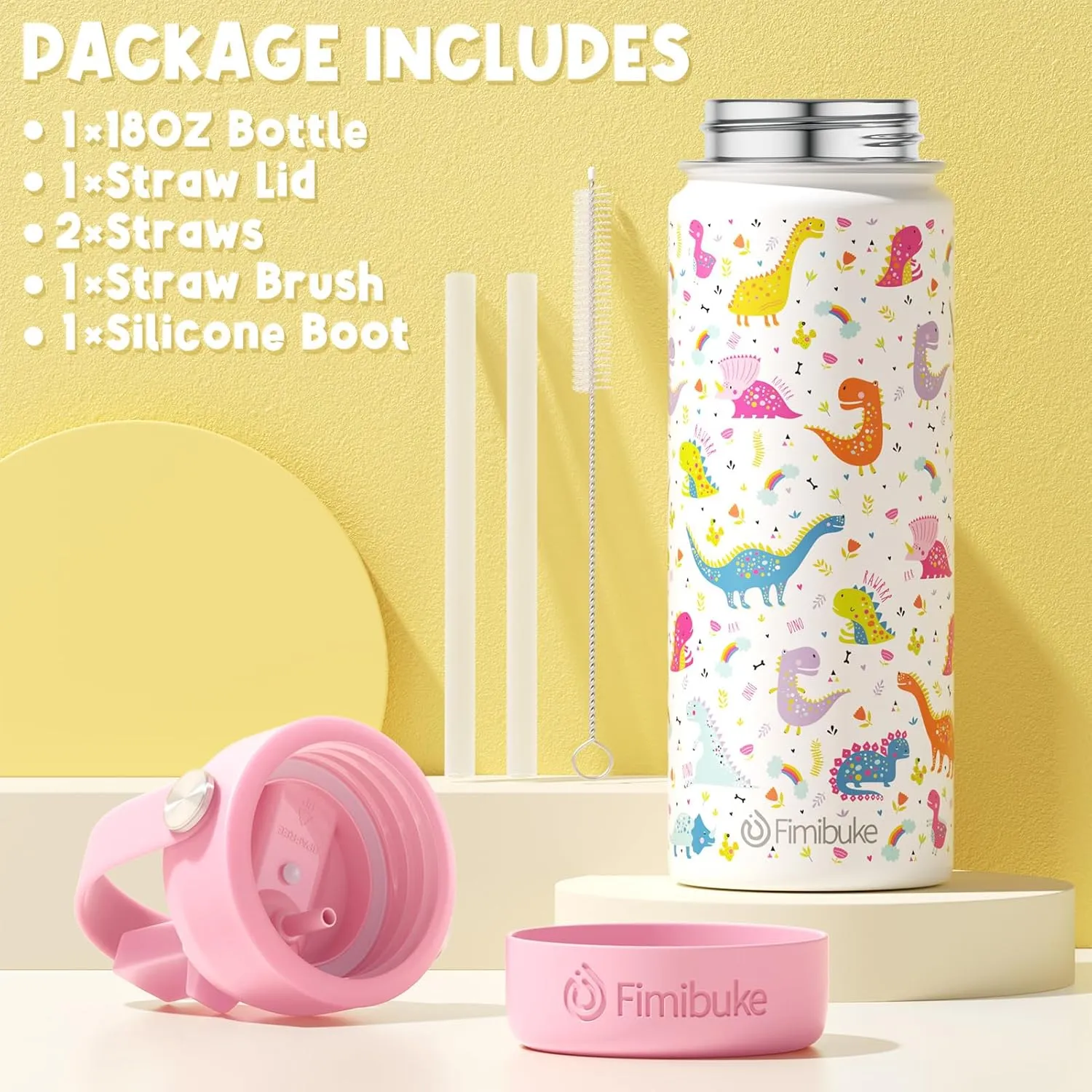 Fimibuke Kids Insulated Water Bottle, 18oz BPA FREE 18/8 Stainless Steel Kids Cup with Straw Travel Tumbler Double Wall Vacuum Leak Proof Toddler Water Bottle for School Boys Girls(1 Pack, Unicorn)