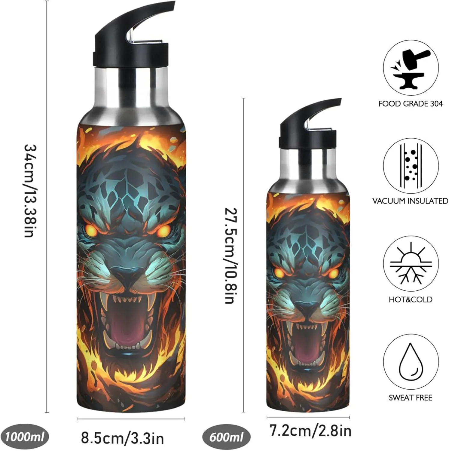 Fire Cool Animal Cheetah Sport Water Bottle Insulated Stainless Steel Large Vacuum Flask Leak Proof Thermos with Straw for Travel(600ml/1000ml)