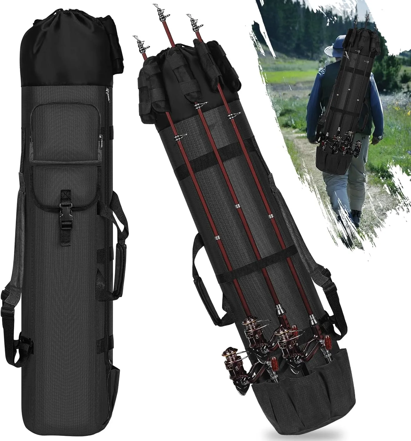 Fishing Bag Fishing Rod Case, Oxford Portable Folding Fishing Pole Bag Large Capacity Outdoor Waterproof Tackle Storage Travel Backpack Carry Organizer Fishing Accessories for Fishing Hiking, Black