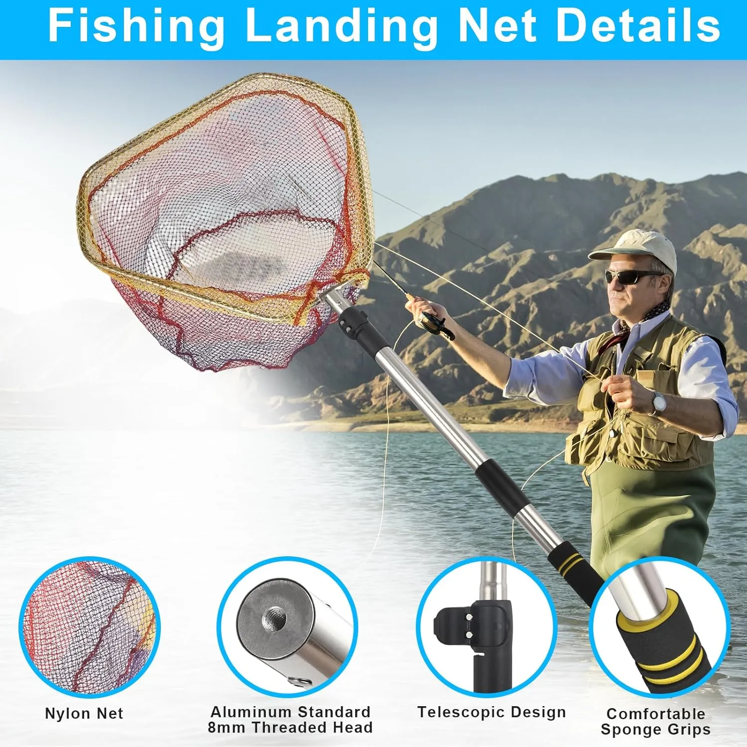 Fishing Landing Net, Fishing Net with Handle for Fishing with Splicing Extension Pole Handle Sturdy Stainless Steel Tubes Comfortable Sponge Handle, yellow