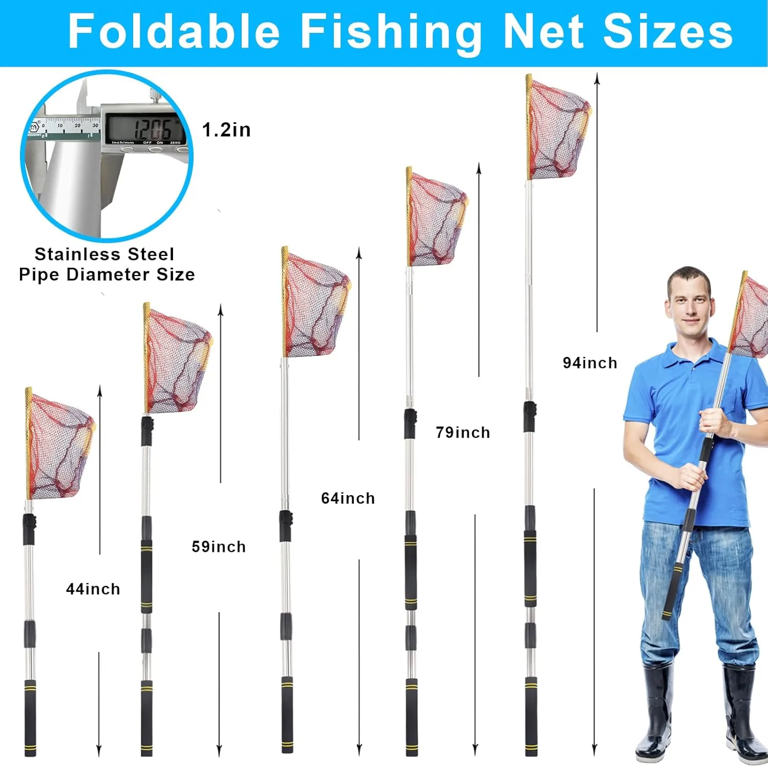 Fishing Landing Net, Fishing Net with Handle for Fishing with Splicing Extension Pole Handle Sturdy Stainless Steel Tubes Comfortable Sponge Handle, yellow