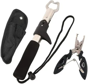 Fishing Pliers Scissors Fish Gripper Holder Set, Stainless Steel Multi Tools Sea Ice Fishing Gear with Sheath Bag and Lanyard for Hook Remover Line Cutting and Split Rings