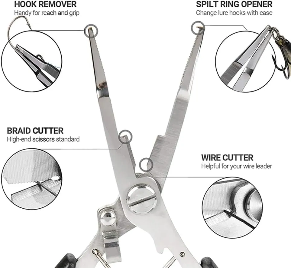 Fishing Pliers Scissors Fish Gripper Holder Set, Stainless Steel Multi Tools Sea Ice Fishing Gear with Sheath Bag and Lanyard for Hook Remover Line Cutting and Split Rings