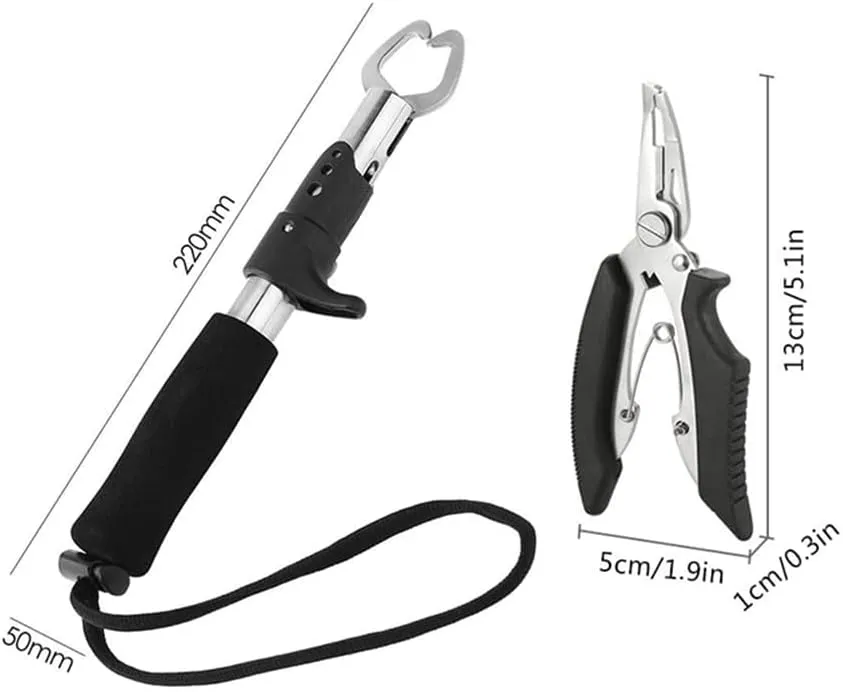Fishing Pliers Scissors Fish Gripper Holder Set, Stainless Steel Multi Tools Sea Ice Fishing Gear with Sheath Bag and Lanyard for Hook Remover Line Cutting and Split Rings