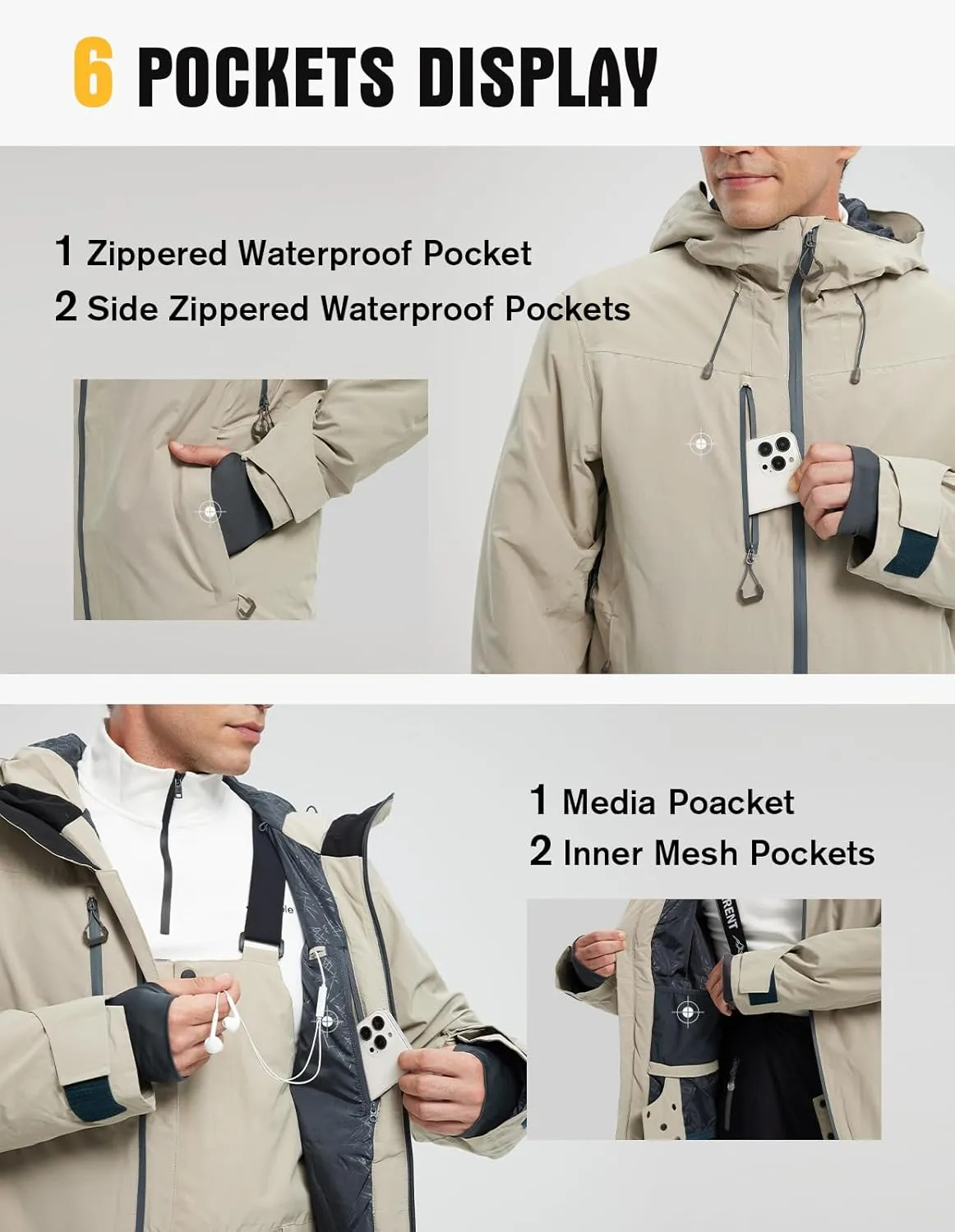 fit space Men's Ski Jacket Waterproof Winter Snow Rain Coat Alpine Windbreaker Insulated Hooded