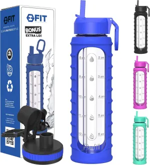 FIT Strong & Healthy 32 oz Glass Water Bottle with Straw Lid, Time Marker, Sleeve & Extra Lid - Motivational, Wide Mouth, Large BPA-Free 1 Liter Glass Drinking Bottle