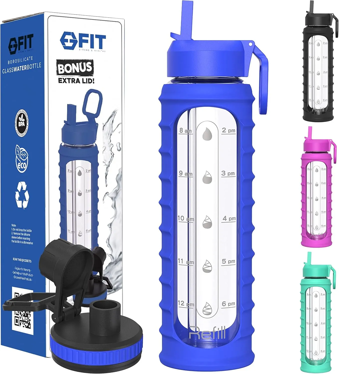 FIT Strong & Healthy 32 oz Glass Water Bottle with Straw Lid, Time Marker, Sleeve & Extra Lid - Motivational, Wide Mouth, Large BPA-Free 1 Liter Glass Drinking Bottle