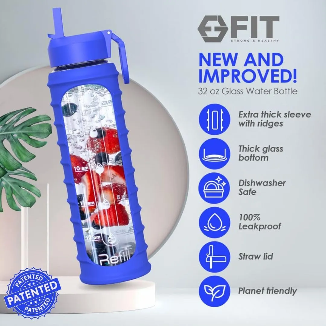 FIT Strong & Healthy 32 oz Glass Water Bottle with Straw Lid, Time Marker, Sleeve & Extra Lid - Motivational, Wide Mouth, Large BPA-Free 1 Liter Glass Drinking Bottle