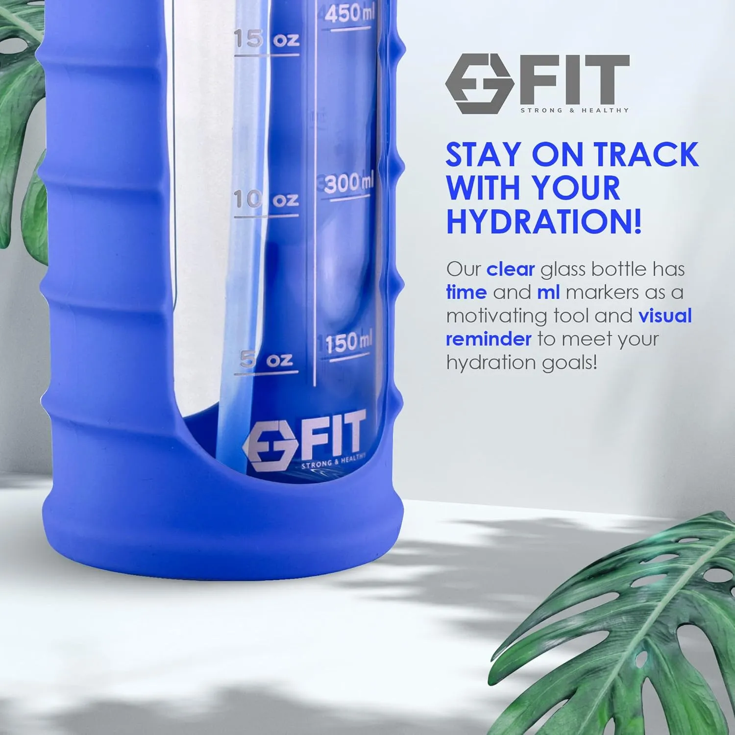 FIT Strong & Healthy 32 oz Glass Water Bottle with Straw Lid, Time Marker, Sleeve & Extra Lid - Motivational, Wide Mouth, Large BPA-Free 1 Liter Glass Drinking Bottle
