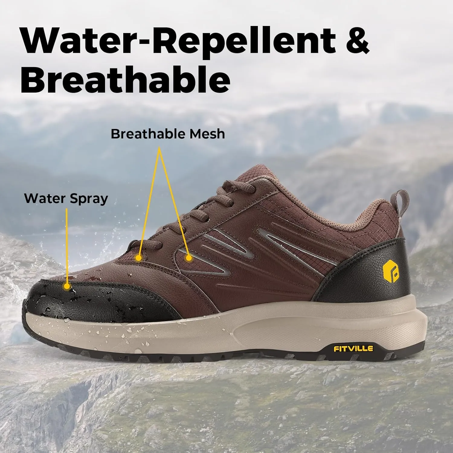 FitVille Mens Wide Hiking Shoes Water Repellent Outdoor Work Shoes Trekking Trails Sneakers with Arch Support - Sturdy Core