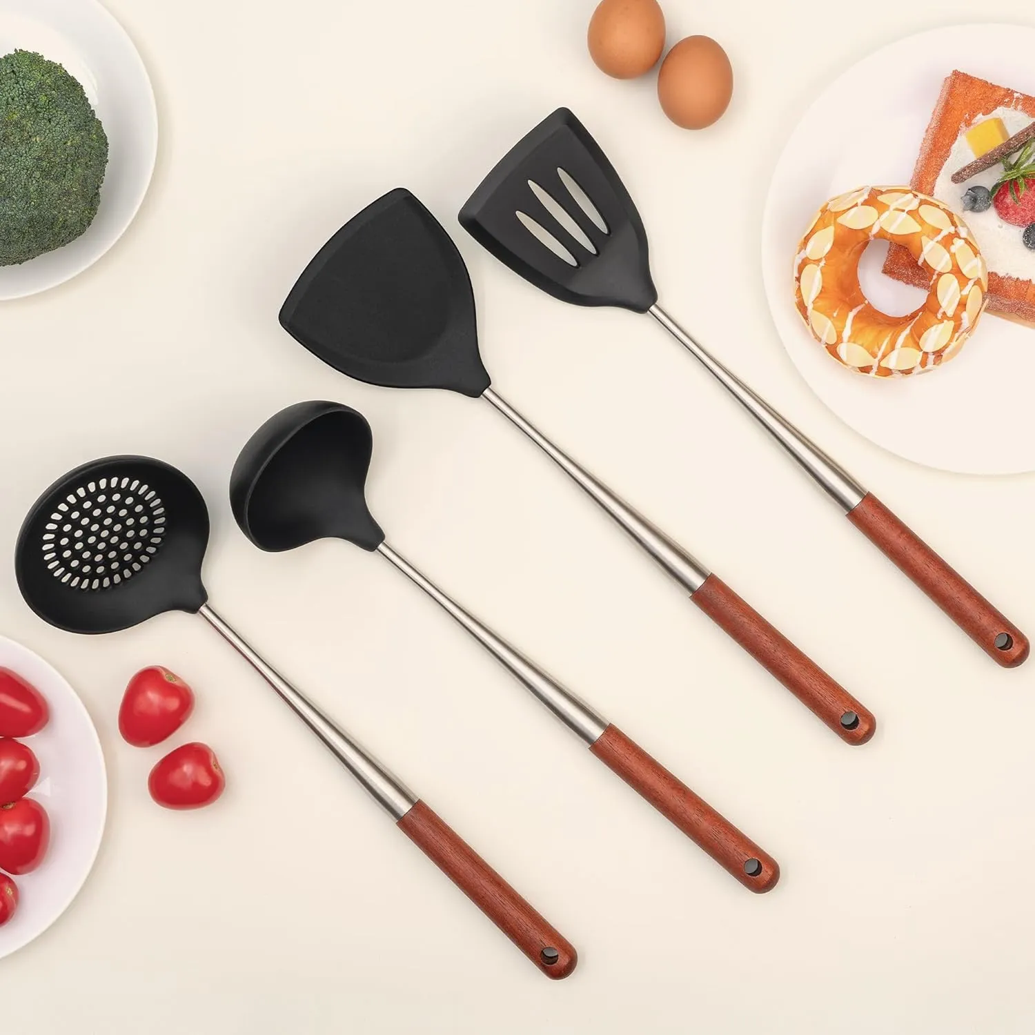 FJNATINH Silicone Wok Spatula,Slotted Spatulas,Ladle,Skimmer Ladle Tool Set,Stainless Steel Non Stick Heat-Resistant Cooking Utensils BPA Free Kitchen Utensils Cookware Wooden Handle, Pack of 4