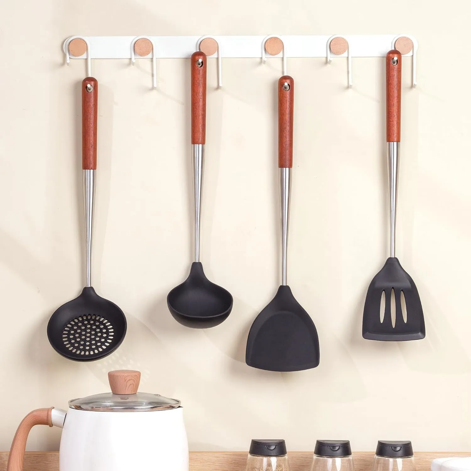 FJNATINH Silicone Wok Spatula,Slotted Spatulas,Ladle,Skimmer Ladle Tool Set,Stainless Steel Non Stick Heat-Resistant Cooking Utensils BPA Free Kitchen Utensils Cookware Wooden Handle, Pack of 4