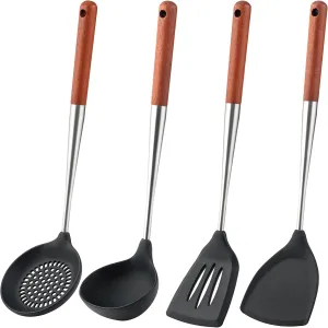 FJNATINH Silicone Wok Spatula,Slotted Spatulas,Ladle,Skimmer Ladle Tool Set,Stainless Steel Non Stick Heat-Resistant Cooking Utensils BPA Free Kitchen Utensils Cookware Wooden Handle, Pack of 4