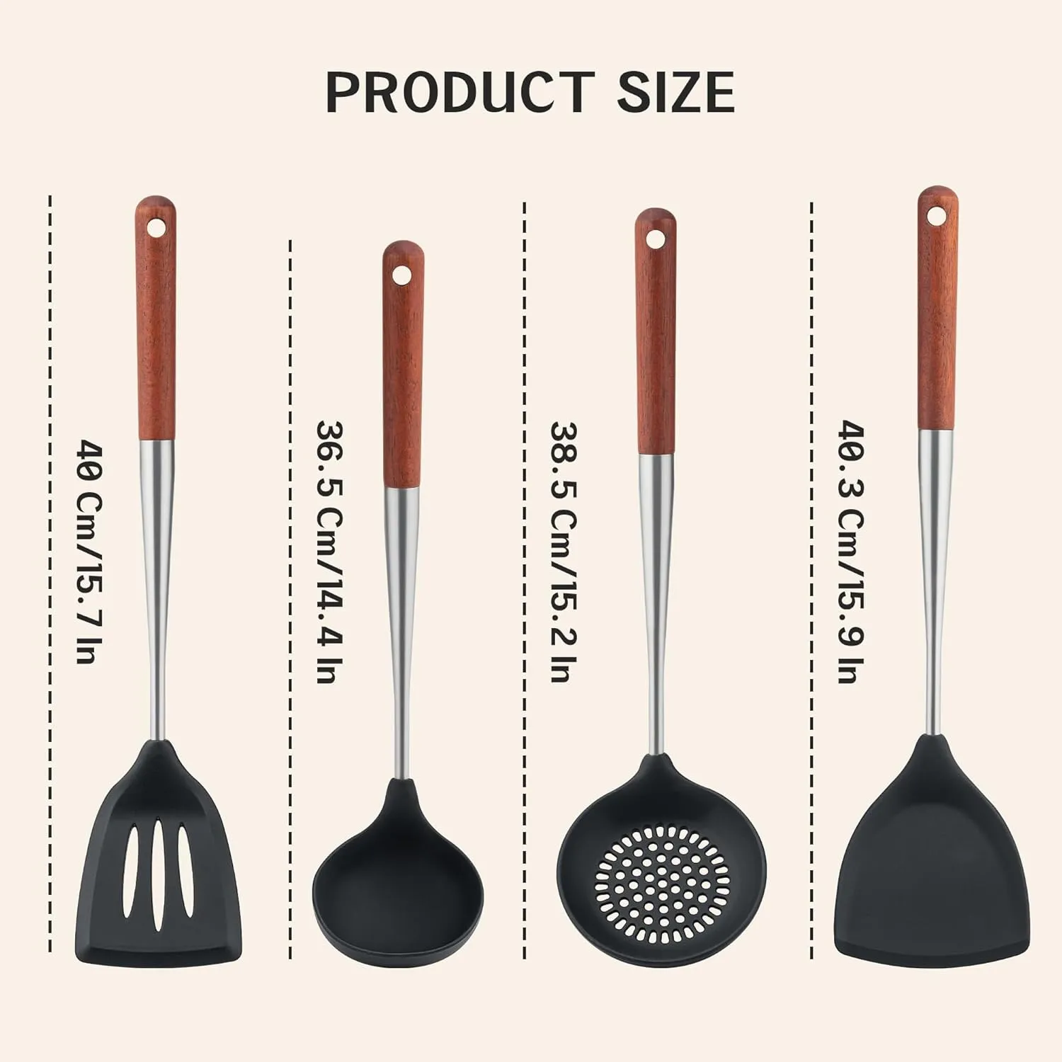 FJNATINH Silicone Wok Spatula,Slotted Spatulas,Ladle,Skimmer Ladle Tool Set,Stainless Steel Non Stick Heat-Resistant Cooking Utensils BPA Free Kitchen Utensils Cookware Wooden Handle, Pack of 4