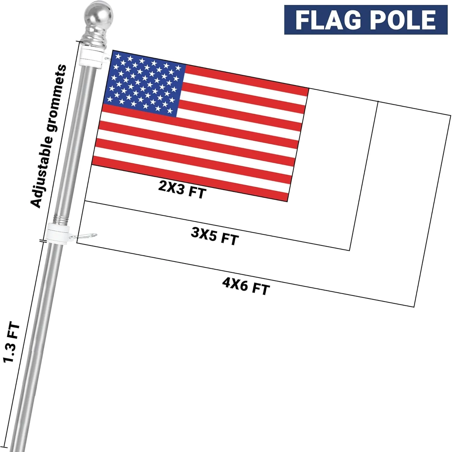 Flag Pole,6FT Flag Pole Kit(2 Packs) for 3' x 5'American Flag, Flag Pole Holder for Outside House,Truck & Boat Use (Without Bracket) (Silver)
