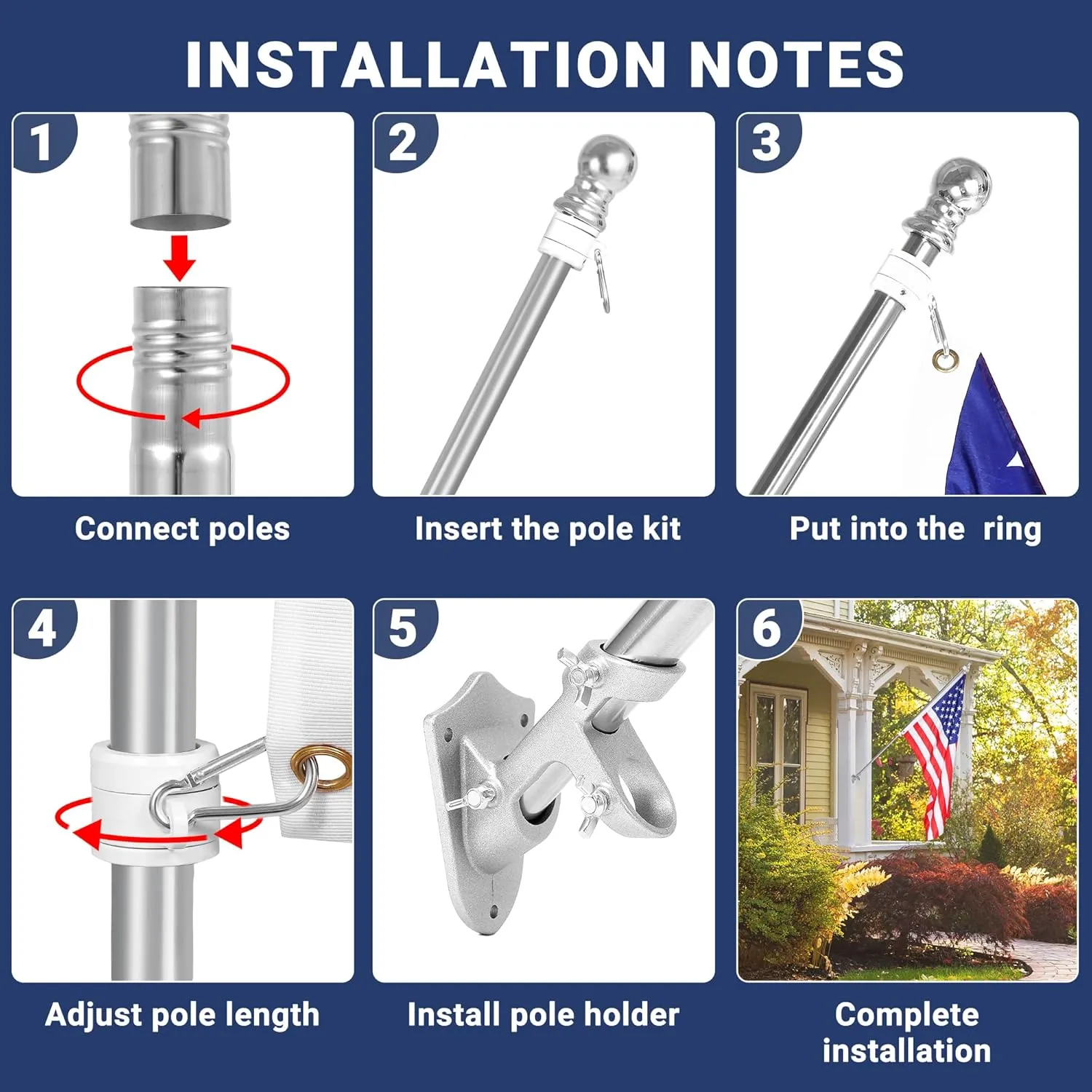 Flag Pole,6FT Flag Pole Kit(2 Packs) for 3' x 5'American Flag, Flag Pole Holder for Outside House,Truck & Boat Use (Without Bracket) (Silver)