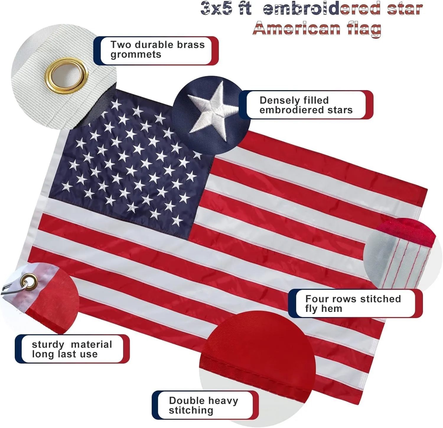 Flag Poles for Outside House with American Flag 3x5 - Flag Pole Kit includes 6ft Tangle Free House Flag Pole,Embroidered US Flag,Holder Bracket,Residential Flag Pole for House,Porch,Outdoor-White