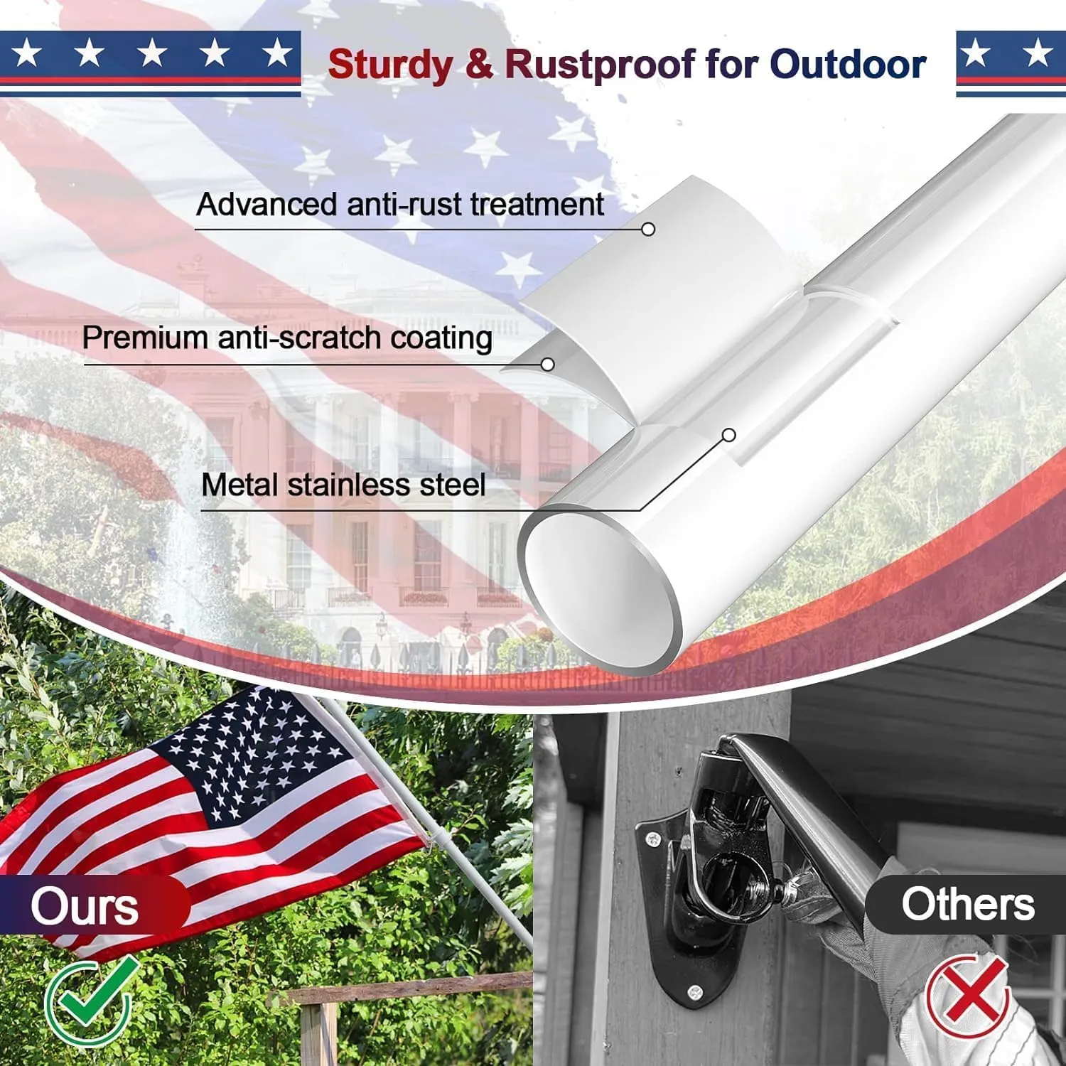 Flag Poles for Outside House with American Flag 3x5 - Flag Pole Kit includes 6ft Tangle Free House Flag Pole,Embroidered US Flag,Holder Bracket,Residential Flag Pole for House,Porch,Outdoor-White