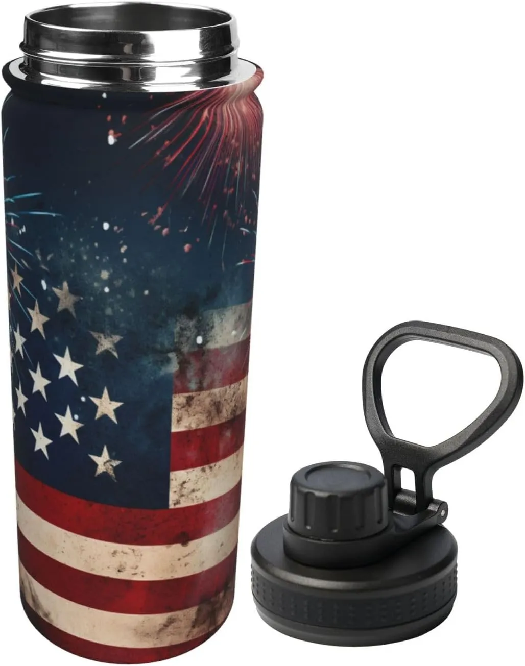 Flag with Fireworks Sports Water Bottles 18 Oz, American Flag Insulated Stainless Steel Water Jug Fitness, Sport Flask for Outdoor Traveling Hiking