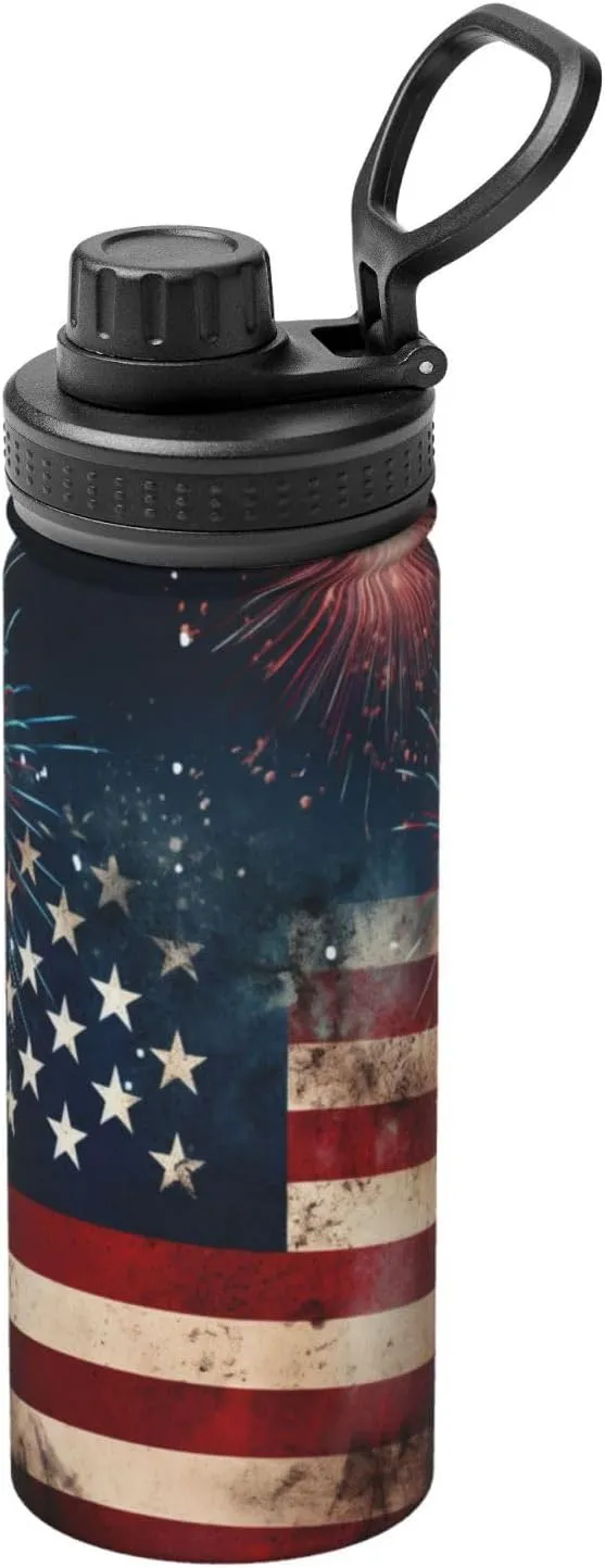 Flag with Fireworks Sports Water Bottles 18 Oz, American Flag Insulated Stainless Steel Water Jug Fitness, Sport Flask for Outdoor Traveling Hiking