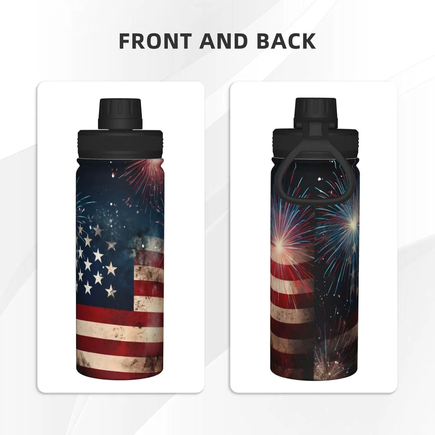 Flag with Fireworks Sports Water Bottles 18 Oz, American Flag Insulated Stainless Steel Water Jug Fitness, Sport Flask for Outdoor Traveling Hiking