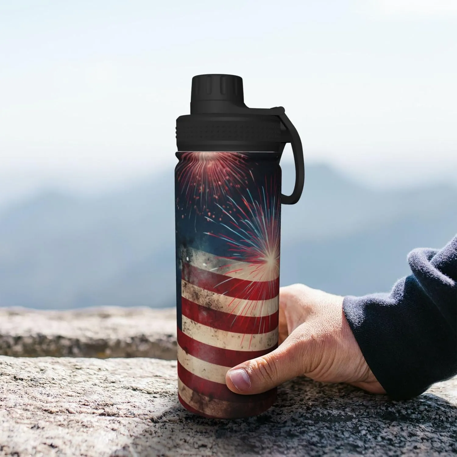 Flag with Fireworks Sports Water Bottles 18 Oz, American Flag Insulated Stainless Steel Water Jug Fitness, Sport Flask for Outdoor Traveling Hiking