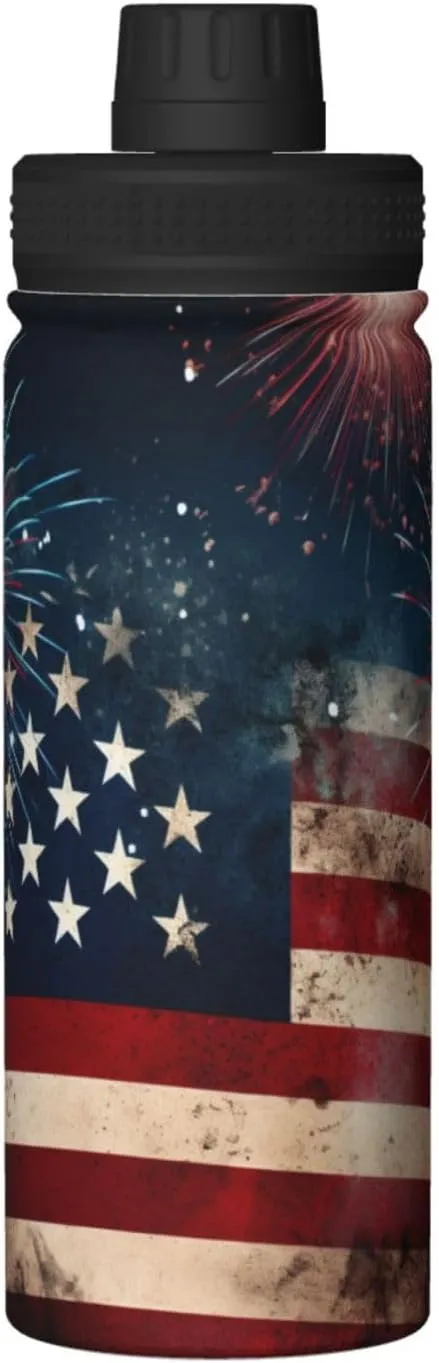 Flag with Fireworks Sports Water Bottles 18 Oz, American Flag Insulated Stainless Steel Water Jug Fitness, Sport Flask for Outdoor Traveling Hiking