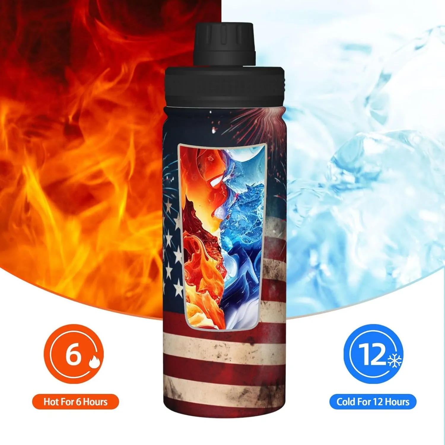 Flag with Fireworks Sports Water Bottles 18 Oz, American Flag Insulated Stainless Steel Water Jug Fitness, Sport Flask for Outdoor Traveling Hiking