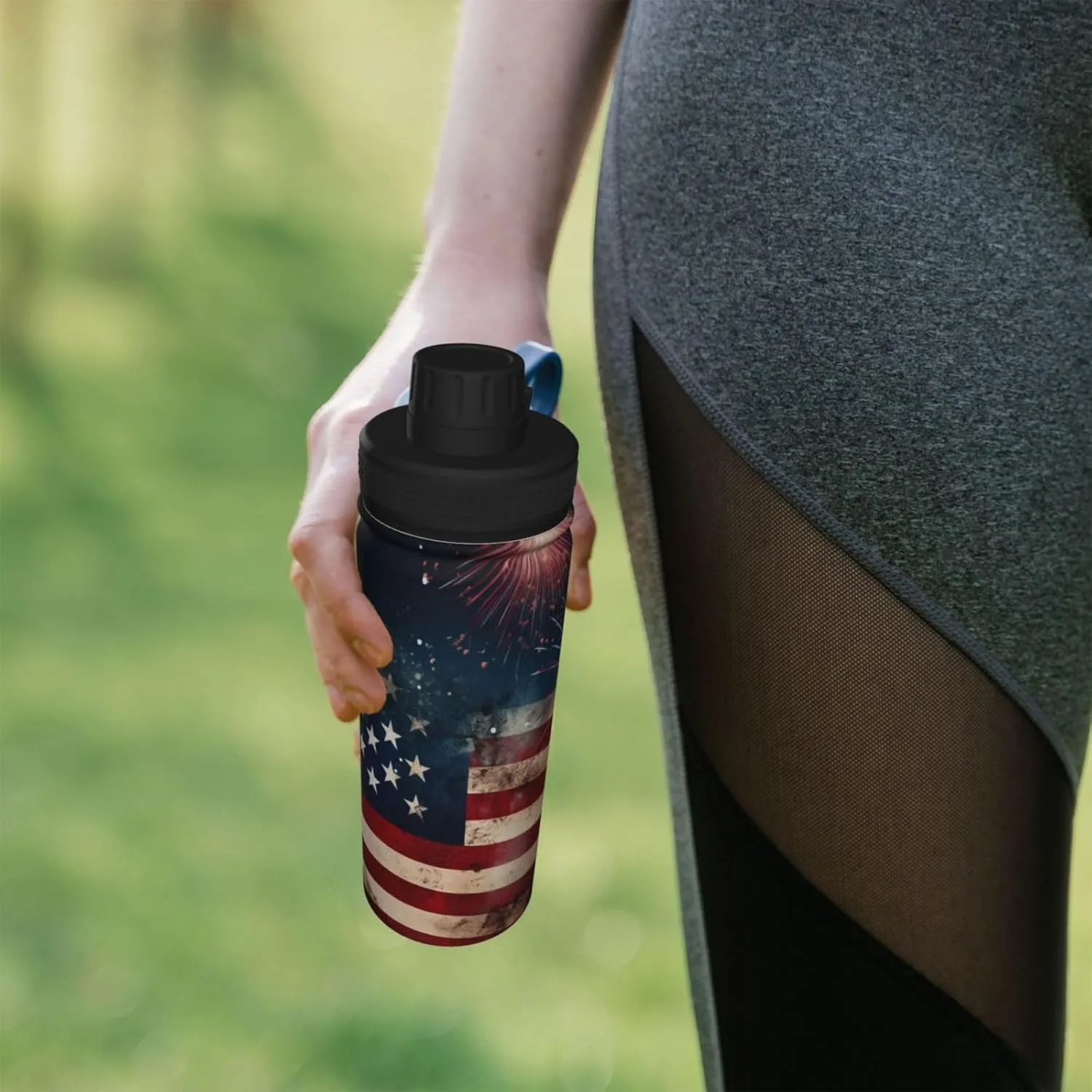 Flag with Fireworks Sports Water Bottles 18 Oz, American Flag Insulated Stainless Steel Water Jug Fitness, Sport Flask for Outdoor Traveling Hiking