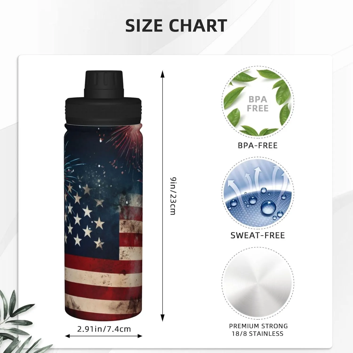 Flag with Fireworks Sports Water Bottles 18 Oz, American Flag Insulated Stainless Steel Water Jug Fitness, Sport Flask for Outdoor Traveling Hiking
