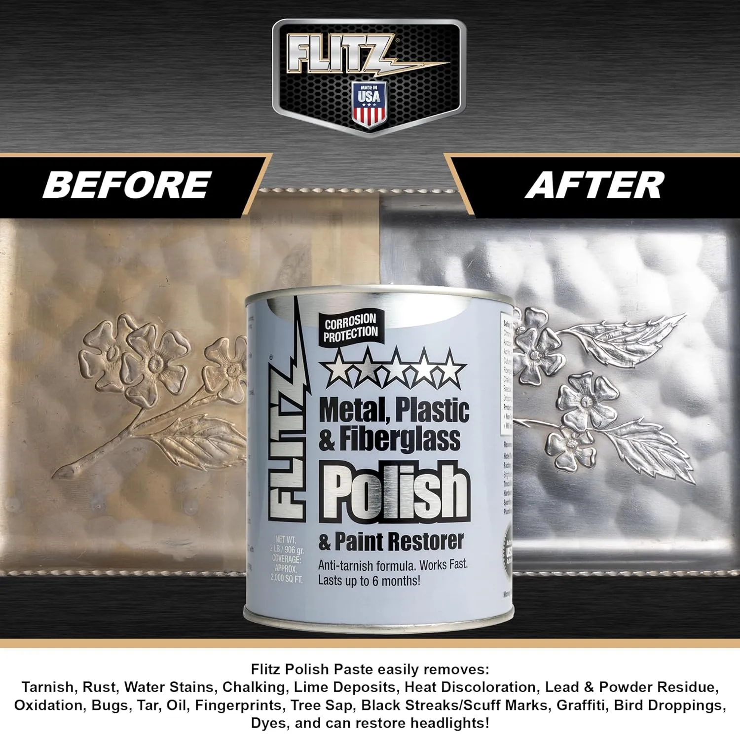 Flitz Multi-Purpose Metal Polish Paste - 2lb Can of USA-Made Metal Scratch Remover - Works on Stainless Steel, Chrome, Aluminum, Plastic, Jewelry - Non-Abrasive Cleaner & Rust Remover (1 Pack)