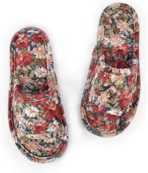 Floral Velvet House Slippers for Women, Lightweight Open Toe Washable Portable Foldable Comfortable Guest Hotel Travel Airplane Spa Slippers