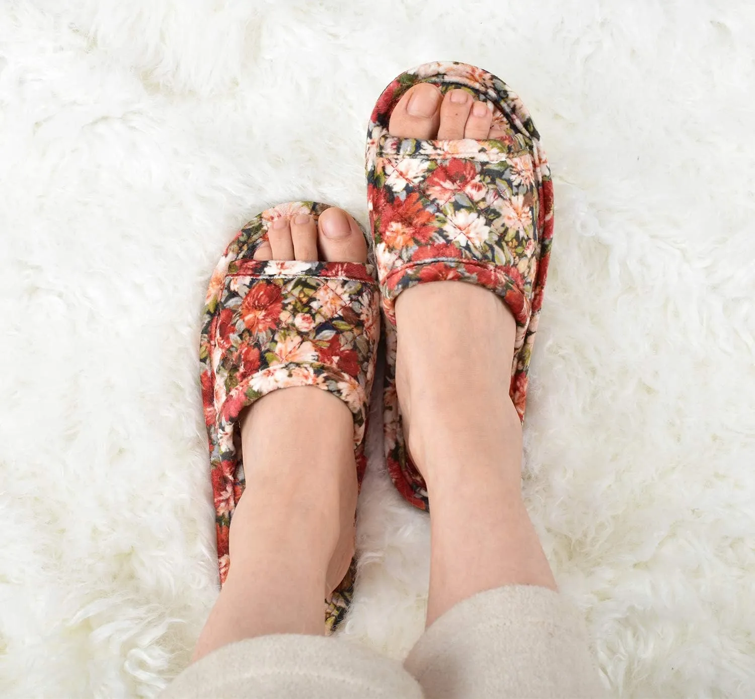 Floral Velvet House Slippers for Women, Lightweight Open Toe Washable Portable Foldable Comfortable Guest Hotel Travel Airplane Spa Slippers