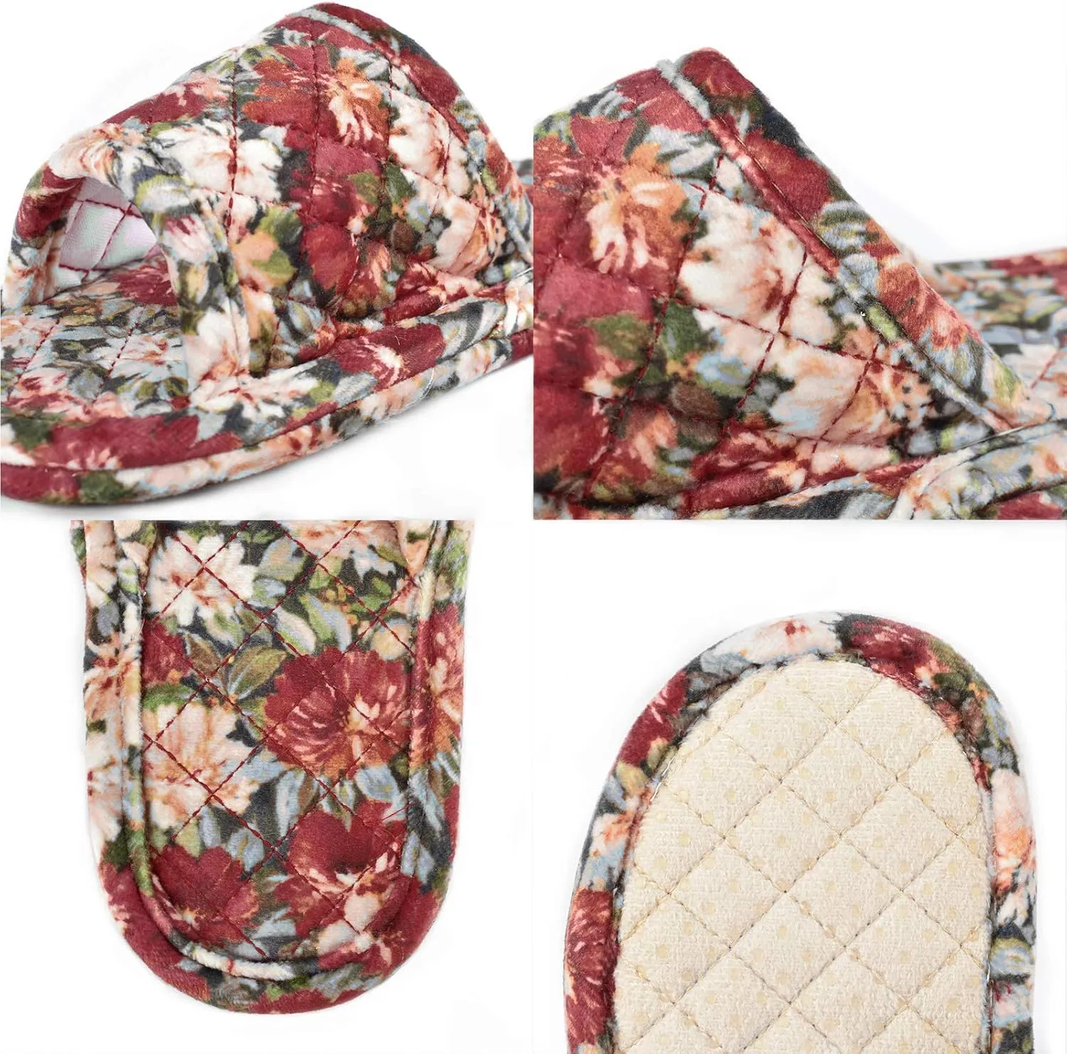 Floral Velvet House Slippers for Women, Lightweight Open Toe Washable Portable Foldable Comfortable Guest Hotel Travel Airplane Spa Slippers